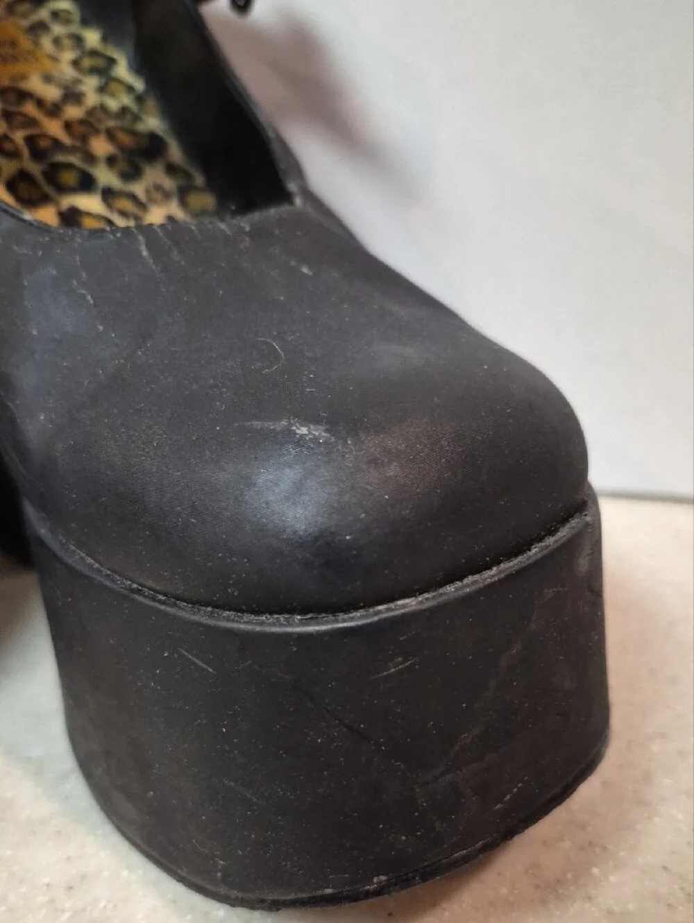 Asphalt Black Platform Mary Jane Heels with Leopard Insole